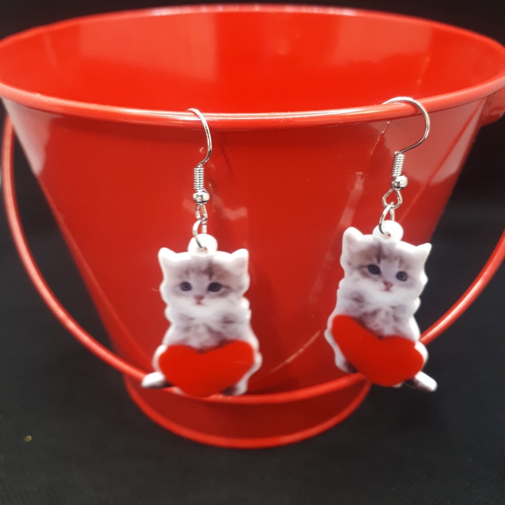1 Pair Of Red Heart Cat/Kitten Dangle Acrylic Earrings. Valentine Gift.